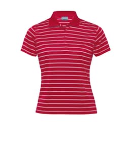 A red and white striped women's polo shirt featuring a classic collar and buttons, with a logo on the chest.