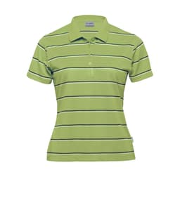 A women's polo shirt in light green with navy and white stripes, featuring a branded logo.