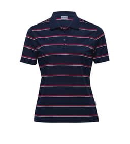 A navy women's polo shirt featuring red and white horizontal stripes, with a logo on the side.