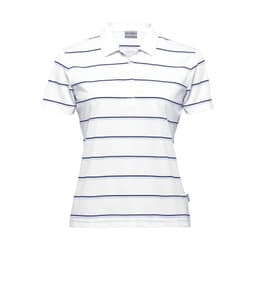 A white women's polo shirt featuring horizontal navy stripes and a logo on the side.