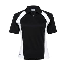 A women's polo shirt in black with white side panels, featuring a zip front and a logo on the left side.