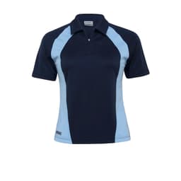 A navy and light blue women's polo shirt featuring a zip neck and logo.