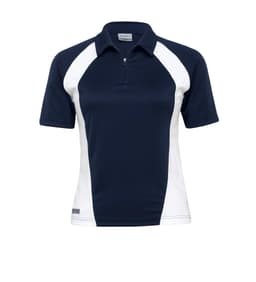 A women's polo shirt featuring a navy blue and white design with a quarter zipper and a logo.