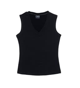 A black women's vest with a V-neck design, featuring sleeveless styling and a fitted silhouette.