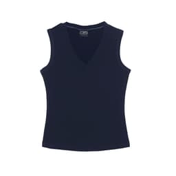 A women's Merino vest in navy blue with a V-neck and sleeveless design. It has a logo on the label.