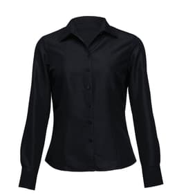 A black long sleeve button-up shirt with a collar and front buttons, featuring a fitted design.