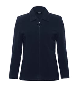 A navy women's jacket featuring a zip front, collar, and side pockets. The jacket has a logo on it.