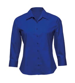 A fitted blouse in bright blue, featuring a button-up design and long sleeves. It has a collar and subtle branding.