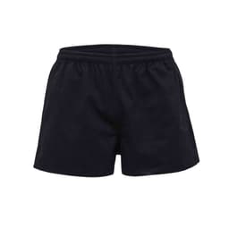 Black youth rugby shorts featuring an elastic waistband and a secure fit. Includes a logo.