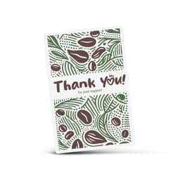 A rectangular card featuring a patterned design of leaves and coffee beans in green and brown, with a thank you message.