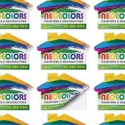 House-shaped stickers in vibrant colours, featuring a logo and contact details for a painting and decorating service.