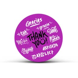 A circular purple sticker featuring the phrase "Thank You" and various translations in different languages.