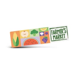 A rectangular sticker featuring colourful illustrations of various fruits and vegetables, including corn and watermelon, with a logo.