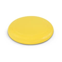 A yellow flying disc featuring a smooth surface and raised concentric rings.