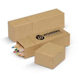A coloured pencil set featuring various colored pencils stored in a cardboard box with a logo printed on the side.