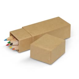 A coloured pencil set featuring multiple pencils in green, blue, yellow, orange, and red, packaged in a simple kraft box.