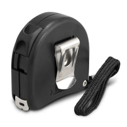 A locking tape measure featuring a sturdy black casing, a metal clip for attachment, and a textured strap for grip.