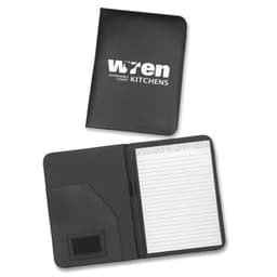 A black portfolio featuring a logo, with an interior pocket and a lined notepad.