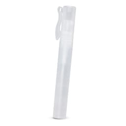 A clear hand sanitiser stick with a clip attached, featuring a smooth, cylindrical design.