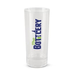 A clear glass shot glass with a printed logo that reads "The Bottlery" in bold letters.