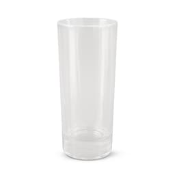 A clear shot glass with a simple, modern design, featuring a smooth finish and a sturdy base.