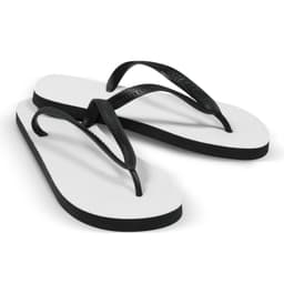 A pair of black and white flip flops, featuring a thong design and a simple, minimalist style.
