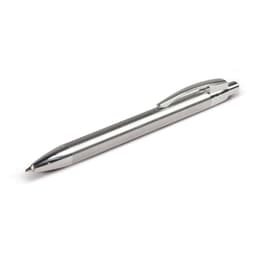 A metal pen with a sleek silver finish and a textured grip. Features a clip and a logo on the body.