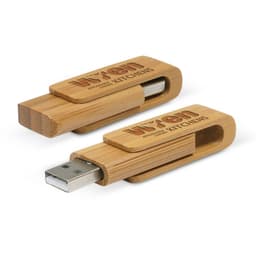 A Bamboo 4GB Flash Drive featuring a sleek design with a wooden casing and a sliding mechanism for the USB connector.