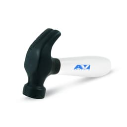 A Stress Hammer featuring a black rubber head and a white body with a blue logo.