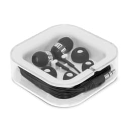 A set of black Helio Earbuds in a clear, square storage case with various ear tip sizes included.