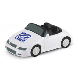 A white stress car toy with a black interior and a logo on the side.