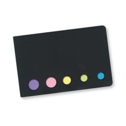 A black sticky note holder with five coloured flags: purple, pink, yellow, green, and blue. It has a logo.