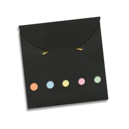 A pocket-sized pad with a black cover featuring five colorful sticky note flags in various pastel shades.