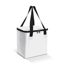 A white cooler bag with black straps and a zipper closure. It has a branding logo on one side.