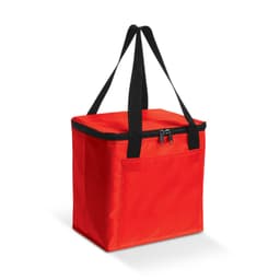 A red insulated cooler bag with black straps and a zippered top, featuring a side pocket and branding.
