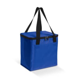 A blue cooler bag with a zippered top and black handles, featuring a front pocket and a square shape.