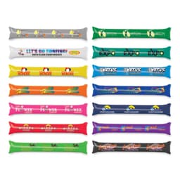 A set of inflatable promotional items in various bright colours, featuring multiple logos and designs.