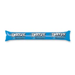 A promotional inflatable cheer stick in bright blue with black and white text reading "WARRIOR."