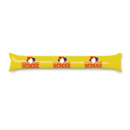 A yellow inflatable noisemaker featuring the word "WONDER" and colorful dots in a repeating pattern.