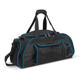 A black duffle bag with blue accents, featuring multiple compartments and handles for easy carrying.