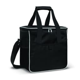 A black cooler bag with white accents, featuring dual handles and a detachable shoulder strap.