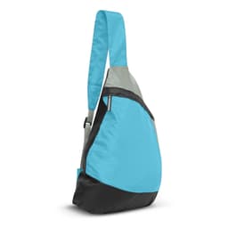 A sling bag featuring a turquoise and grey design with a black base and an adjustable strap. It has a logo.