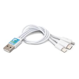 A charging cable in white featuring a USB connector and three different connector types. It has a logo on the connector.