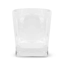 A glass tumbler with a clear, straight-edged design and a sturdy base. It features a logo on the side.