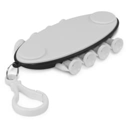 A white and black golf accessory with multiple small compartments and a clip attachment. It features a branding logo.