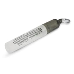 A mini hand sanitiser key ring in a clear container with a dark grey cap, featuring a metal key ring attachment.