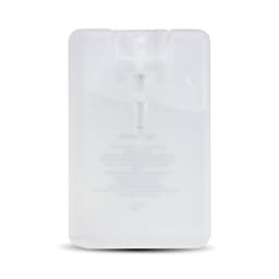 A transparent hand sanitiser card with a sleek design, featuring a small nozzle for dispensing.