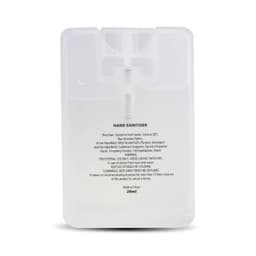 A clear, rectangular hand sanitiser card containing 20ml of liquid, featuring a built-in dispenser and a logo.