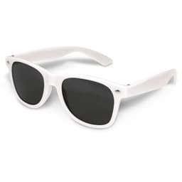 A pair of white sunglasses with dark lenses, featuring a design typical of casual, outdoor eyewear.