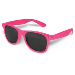 Pink sunglasses with dark lenses, featuring a logo on the side.
